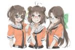  bespectacled brown_eyes brown_hair double_bun glasses gloves highres jintsuu_(kantai_collection) kantai_collection long_hair naka_(kantai_collection) sendai_(kantai_collection) short_hair smile tomo_futoshi tongue uniform 