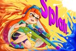  1girl bike_shorts blush commentary_request domino_mask fangs goggles goggles_on_head gun highres holding_weapon inkling kitsunerider long_hair mask navel open_mouth orange_eyes orange_hair paint paint_splatter pointy_ears reloading rifle shell_casing shoes smile sneakers sniper_rifle solo splatoon squatting stomach super_soaker t-shirt tentacle_hair text weapon 