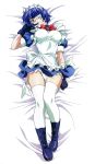  1girl :p absurdres ahoge apron bangs bed_sheet blue_gloves blue_hair boots bow bowtie breasts breasts_apart buckle collar dakimakura dress dutch_angle earrings eyepatch finger_licking frilled_apron frills from_above full_body gloves green_eyes headdress highres ikkitousen indoors jewelry lace large_breasts legs licking looking_at_viewer lying magatama maid maid_headdress mole mole_under_mouth mound_of_venus naughty_face official_art on_back on_bed panties pantyshot pantyshot_(lying) petticoat puffy_short_sleeves puffy_sleeves rin-sin ryomou_shimei scan short_dress short_hair short_sleeves sleeve_cuffs solo taut_clothes thigh-highs tongue tongue_out underwear white_legwear white_panties 