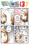  1boy 1girl 4koma anger_vein ascot blonde_hair blood blue_eyes catstudioinc_(punepuni) clenched_hand comic commentary_request hair_ribbon highres in_the_face kagamine_len kagamine_rin kagamine_rin_(cosplay) kicking left-to-right_manga notepad ribbon sailor_collar spitting spitting_blood thai translation_request trick_or_treat vocaloid 