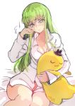 1girl bed_sheet breasts c.c. cheese-kun cleavage code_geass creayus crying crying_with_eyes_open green_hair hat long_hair shirt simple_background sitting solo tears white_background yellow_eyes 