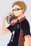  1boy amber_eyes blonde_hair glasses haikyuu!! rio_(rio_01) short_hair simple_background smile sportswear tsukishima_kei volleyball volleyball_uniform 