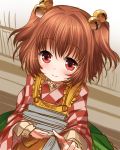  1girl apron bell blush book book_hug brown_hair hair_bell hair_ornament holding holding_book japanese_clothes kei_kei kimono long_sleeves motoori_kosuzu red_eyes smile solo touhou two_side_up wide_sleeves 