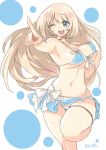  1girl atago_(kantai_collection) bare_shoulders bikini blonde_hair bouncing_breasts breasts front-tie_bikini front-tie_top green_eyes kantai_collection large_breasts leg_up long_hair midriff miniskirt navel one_eye_closed open_mouth pointing sensen skirt smile solo swimsuit 
