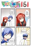  /\/\/\ 1boy 1girl 4koma animal_ears blue_eyes blue_hair cat_ears catstudioinc_(punepuni) comic commentary_request dotted_line emphasis_lines highres holding_arm kaito left-to-right_manga long_hair original puni_(miku_plus) red_eyes redhead scarf shaded_face thai translation_request vocaloid 
