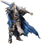  1boy armor artist_request blue_eyes cape chaos_heroes_online elcid_(chaos_online) full_body gauntlets highres huge_weapon light_brown_hair lips male_focus official_art simple_background solo standing sword transparent_background weapon 
