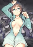  1girl black_hair blue_eyes breasts empty_eyes glasses hairband kantai_collection long_hair lying nekomanma_(chipstar182) on_back ooyodo_(kantai_collection) open_clothes open_shirt shirt solo 