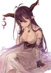  1girl antenna_hair bandages black_gloves blush breasts brown_hair cleavage danua dress fingerless_gloves gloves granblue_fantasy hair_between_eyes horn_ornament horns jewelry long_hair necklace open_mouth pointy_ears red_eyes simple_background solo tamaext white_background 