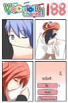  1boy 1girl 4koma animal_ears black_shirt blue_eyes blue_hair bottomless cat_ears catstudioinc_(punepuni) choice clenched_hand comic commentary_request highres kaito left-to-right_manga long_hair long_sleeves lying on_back on_side one_eye_closed original puni_(miku_plus) redhead sleeping sleeping_on_person thai translation_request vocaloid waking_up 