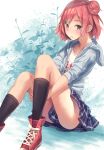  1girl black_legwear blue_eyes blush hair_bun hoodie kneehighs leg_hold looking_at_viewer pink_hair plaid plaid_skirt pleated_skirt school_uniform shoes short_hair sitting skirt sneakers solo soujun7023 yahari_ore_no_seishun_lovecome_wa_machigatteiru. yuigahama_yui 