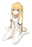  1girl :o blonde_hair blue_eyes flat_chest highres looking_at_viewer miruto_netsuki open_mouth original simple_background sitting solo t-shirt thigh-highs twintails uniform wariza white_background white_legwear 