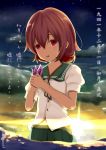  1girl commentary crying crying_with_eyes_open empty_eyes hair_ornament highres kantai_collection midriff mutsuki_(kantai_collection) pleated_skirt red_eyes redhead school_uniform serafuku short_hair skirt solo sunset takumin_(takumi415) tears translated twitter_username 