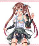  1girl asagumo_(kantai_collection) bike_shorts blue_eyes blush brown_hair hair_ribbon kantai_collection kyamu_(qqea92z9n) long_hair machinery off_shoulder open_mouth ribbon solo torn_clothes turret twintails 