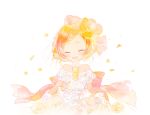  1girl bare_shoulders closed_eyes dress earrings flower gloves hair_flower hair_ornament hoshizora_rin jewelry love_live!_school_idol_project love_wing_bell necklace off-shoulder_dress orange_hair pechika petals pom_pom_(clothes) ribbon short_hair simple_background solo veil wedding_dress white_background white_gloves 