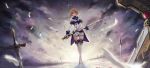  1girl bangs beltskirt blonde_hair breasts center_opening chain cleavage clouds cloudy_sky cuffs deneb_(noble324) feathers high_collar holding jacket lens_flare light_rays long_hair looking_at_viewer original petals sky solo staff sword thigh-highs violet_eyes weapon white_jacket white_legwear 