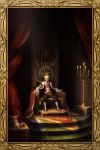  1boy artist_request candle candlestand chaos_heroes_online curtains highres indoors looking_at_viewer male_focus official_art picture_frame radeath royal_robe short_hair sitting solo throne 