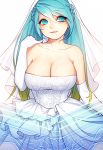  1girl alternate_costume blonde_hair blue_eyes blue_hair breasts bridal_veil collarbone dress elbow_gloves floral_print gloves gradient_hair hsn4444 instrument large_breasts league_of_legends light_smile lips long_hair looking_to_the_side multicolored_hair off_shoulder sona_buvelle twintails two-tone_hair veil very_long_hair wedding_dress 