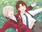  2boys aldnoah.zero brown_hair closed_eyes double-breasted epaulettes holster jacket kaizuka_inaho male_focus military military_uniform momoishi multiple_boys open_mouth pants shirt short_hair silver_hair slaine_troyard smile uniform 