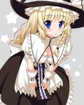  1girl apron blonde_hair blue_eyes blush bow braid breasts capelet cleavage curiosities_of_lotus_asia grey_background hands_on_thighs hat hat_ribbon highres kirisame_marisa leaning_forward light_smile long_hair looking_at_viewer puffy_short_sleeves puffy_sleeves revision ribbon short_sleeves single_braid solo star starry_background touhou utakata_(azaka00) waist_apron witch_hat wrist_cuffs 