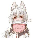  1girl animal_ears blush bridal_gauntlets covering_mouth flying_sweatdrops inubashiri_momiji kei_kei kourindou_tengu_costume long_sleeves no_hat object_hug red_eyes ribbon-trimmed_sleeves ribbon_trim silver_hair solo tail tail_wagging touhou translated wide_sleeves wolf_ears wolf_tail 