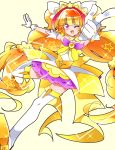  1girl amanogawa_kirara bare_shoulders boots brown_hair choker cure_twinkle earrings elbow_gloves gloves go!_princess_precure highres jewelry kyapinetzu long_hair magical_girl multicolored_hair one_eye_closed open_mouth orange_hair pink_eyes pointing precure smile solo star star_earrings thigh-highs thigh_boots twintails two-tone_hair white_gloves white_legwear 