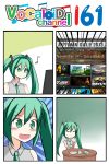  1girl 4koma :d aqua_eyes aqua_hair catstudioinc_(punepuni) collared_shirt comic commentary_request computer_screen drinking_glass emphasis_lines hatsune_miku highres left-to-right_manga musical_note necktie open_mouth plate sleeveless smile steam_(platform) thai translation_request twintails vocaloid wrapper 