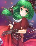  1girl bow dress front_ponytail green_eyes green_hair hair_bow kagiyama_hina kei_kei long_hair looking_at_viewer puffy_short_sleeves puffy_sleeves red_dress short_sleeves smile solo touhou wrist_ribbon 