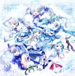  6+girls aqua_eyes aqua_hair arms_up blue_eyes blue_hair boots cape detached_sleeves earmuffs hat hatsune_miku headset highres japanese_clothes kimono knee_boots long_hair multiple_girls necktie one_eye_closed open_mouth rabbit scarf skirt snow_bunny snowflakes twintails uchikake very_long_hair vocaloid wand witch_hat yuki_miku 