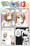  1boy 1girl 4koma anger_vein ascot blonde_hair blue_eyes catstudioinc_(punepuni) comic commentary_request hair_ribbon highres kagamine_len kagamine_rin kagamine_rin_(cosplay) left-to-right_manga midriff notepad ribbon sailor_collar salute shaded_face thai translation_request trick_or_treat vocaloid 