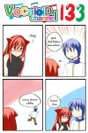  1boy 1girl 4koma animal_ears blue_eyes blue_hair blush cat_ears catstudioinc_(punepuni) comic commentary_request emphasis_lines fever highres kaito left-to-right_manga original puni_(miku_plus) red_eyes redhead scarf sleeveless thai translation_request vocaloid 