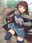  1girl armor brown_hair highres long_hair looking_at_viewer open_mouth original ruins solo sword tachimi_(basue) violet_eyes weapon 