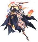  1girl alpha_transparency aqua_eyes arrow artist_request belt bow_(weapon) breasts chaos_heroes_online cloak darae fire full_body highres lips navel official_art pointy_ears simple_background solo thigh-highs transparent_background weapon 