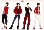  arms_behind_back belt black_hair boots full_body grey_eyes haikyuu!! hands_in_pockets jacket kuroo_tetsurou looking_at_viewer looking_to_the_side multiple_persona one_eye_covered open_clothes open_jacket pants short_hair smile standing white_background yasai_(getsu) 