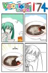  ... 1girl 4koma aqua_eyes aqua_hair bowl catstudioinc_(punepuni) collared_shirt comic commentary_request food hatsune_miku highres left-to-right_manga long_hair musical_note necktie noodles ramen sleeveless solo soy_sauce spilling thai translation_request twintails vocaloid 