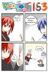  1boy 1girl 4koma animal_ears blue_eyes blue_hair cat_ears catstudioinc_(punepuni) chasing comic commentary_request emphasis_lines firecrackers highres jitome kaito left-to-right_manga long_hair original puni_(miku_plus) red_eyes redhead scarf thai translation_request vocaloid 