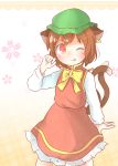  1girl :p amboina animal_ears brown_hair cat_ears chen commentary_request green_hat highres jewelry long_sleeves mob_cap multiple_tails nekomata one_eye_closed short_hair single_earring solo tail tongue tongue_out touhou two_tails 