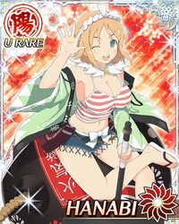  1girl ;) bomb bow breasts character_name cleavage emblem green_eyes hair_ornament hanabi_(senran_kagura) huge_breasts legs midriff navel official_art one_eye_closed open_mouth orange_hair sandals senran_kagura senran_kagura_(series) senran_kagura_estival_versus senran_kagura_new_wave short_hair skirt smile tank_top yaegashi_nan 