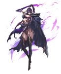 1girl alpha_transparency artist_request black_gloves breasts cape chaos_heroes_online dagger dual_wielding full_body gloves highres lips long_hair official_art pointy_ears ponytail purple_hair red_eyes reiden simple_background single_glove solo thigh-highs transparent_background weapon 
