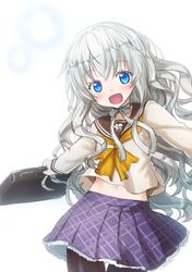  bag blue_eyes long_hair midriff nakaishow navel open_mouth original outstretched_arms pantyhose school_uniform serafuku silver_hair simple_background skirt smile thigh_gap very_long_hair white_background 