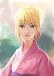  1girl ahoge blonde_hair fate/stay_night fate_(series) fateline_alpha green_eyes japanese_clothes kimono saber solo yukata 