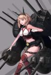  1girl blonde_hair breasts cannon chain clenched_hand cowboy_shot gloves green_eyes grey_background headgear highres kantai_collection large_breasts legs mecha_musume microskirt midriff mutsu_(kantai_collection) navel open_mouth pleated_skirt red_legwear revision short_hair simple_background skirt sleeveless smile solo striped striped_legwear thigh-highs thighs tsuki_suigetsu turret white_gloves 