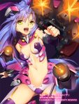  1girl blue_hair breasts cleavage company_name copyright_name gun hen-shin-shou-jo_metamol_maiden holding long_hair machinery mecha_musume navel official_art open_mouth outstretched_arm ponytail purple_background solo sparks thigh-highs thighs tongue very_long_hair weapon yangsion yellow_eyes 