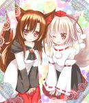  2girls :3 animal_ears blush breasts brooch brown_hair detached_sleeves dress fingernails hat imaizumi_kagerou inubashiri_momiji jewelry long_fingernails long_hair looking_at_viewer multiple_girls one_eye_closed pom_pom_(clothes) red_eyes ribbon-trimmed_sleeves ribbon_trim short_hair silver_hair skirt tail tokin_hat touhou wolf_ears wolf_tail 