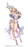  1girl bare_legs blonde_hair blue_eyes bracelet chaos_heroes_online company_name copyright_name full_body highres irea jewelry lips long_hair looking_at_viewer love_cacao official_art parted_lips simple_background solo white_background 