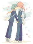  2boys aqua_hair blush closed_eyes gakuran heart inazuma_eleven_(series) inazuma_eleven_go kariya_masaki kirino_ranmaru kiss long_hair male_focus multiple_boys pink_hair raimon raimon_school_uniform scarf school_uniform shirota69 tiptoe_kiss tiptoes twintails yaoi 