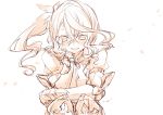  1girl alisha_(tales) armor blush hand_on_own_face looking_at_viewer monochrome parted_lips side_ponytail solo tales_of_(series) tales_of_zestiria tobi_(one) white_background 