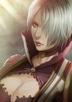  1girl bangs blue_eyes breasts choker cleavage cleavage_cutout grey_hair hair_over_one_eye high_collar isabella_valentine lace light_rays lips lipstick magion02 makeup parted_bangs portrait short_hair signature solo soulcalibur sunlight 