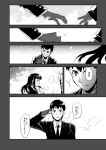  1boy 1girl black_hair comic formal gloves hekyu hijikata_keisuke long_hair monochrome necktie sakamoto_mio salute short_hair snowing strike_witches suit translated 