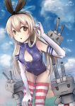  1girl baifeng blonde_hair elbow_gloves front_zipper_swimsuit gloves kantai_collection leaning long_hair one-piece_swimsuit rensouhou-chan shimakaze_(kantai_collection) striped striped_legwear swimsuit thigh-highs 