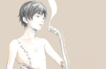  1boy black_hair blue_eyes cigarette collarbone english exposed_bone looking_to_the_side oekaki original re:i ribs simple_background skeletal_arm smoke smoking solo stitches tan_background topless upper_body 